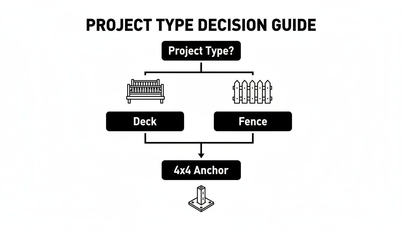 Flowchart decision guide for project types, showing that both deck and fence projects use a 4x4 anchor.