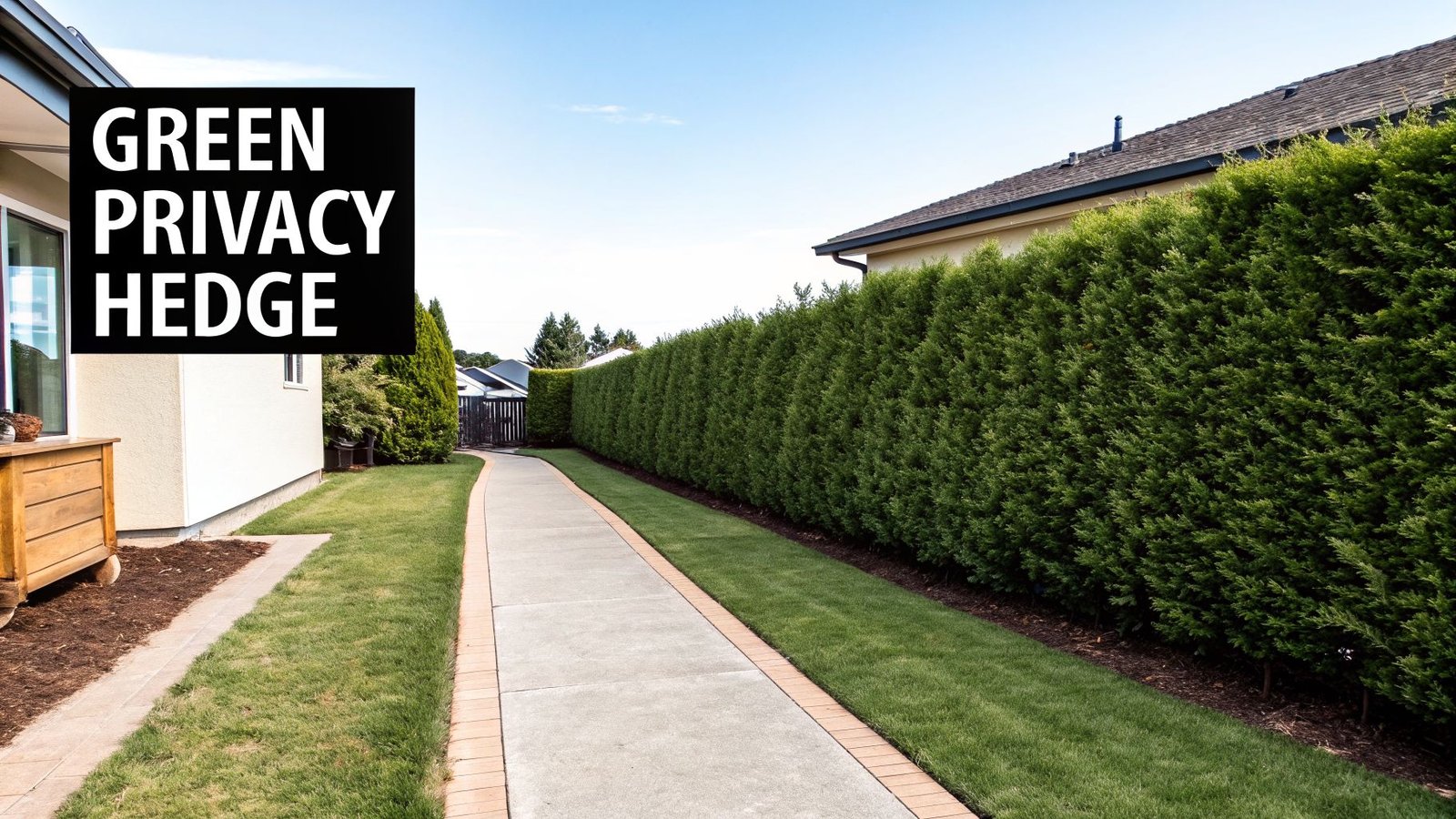A long, lush green privacy hedge runs alongside a concrete path and a house.