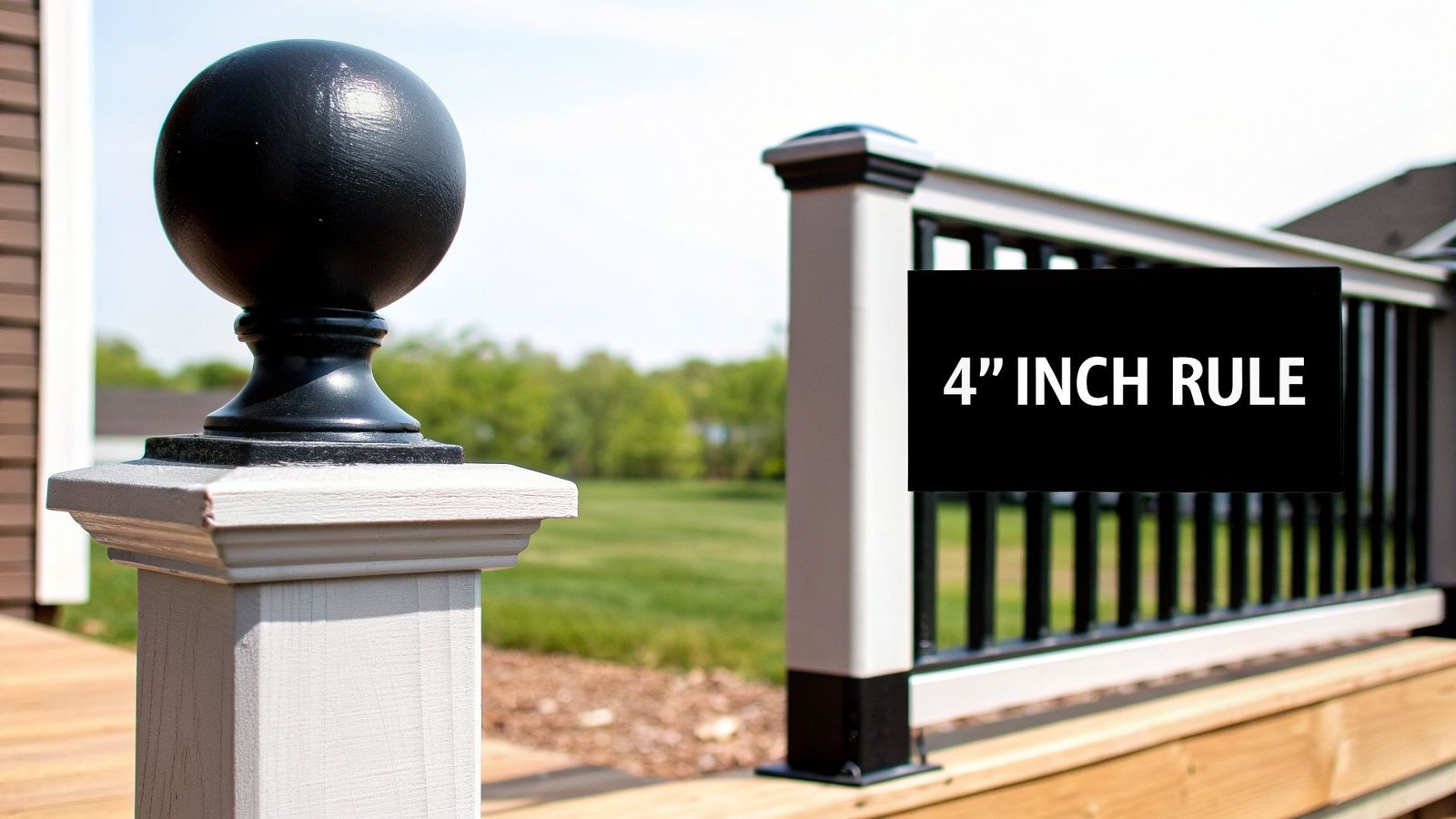 A white deck post with a black ball finial and a black sign saying '4" INCH RULE' on a railing.