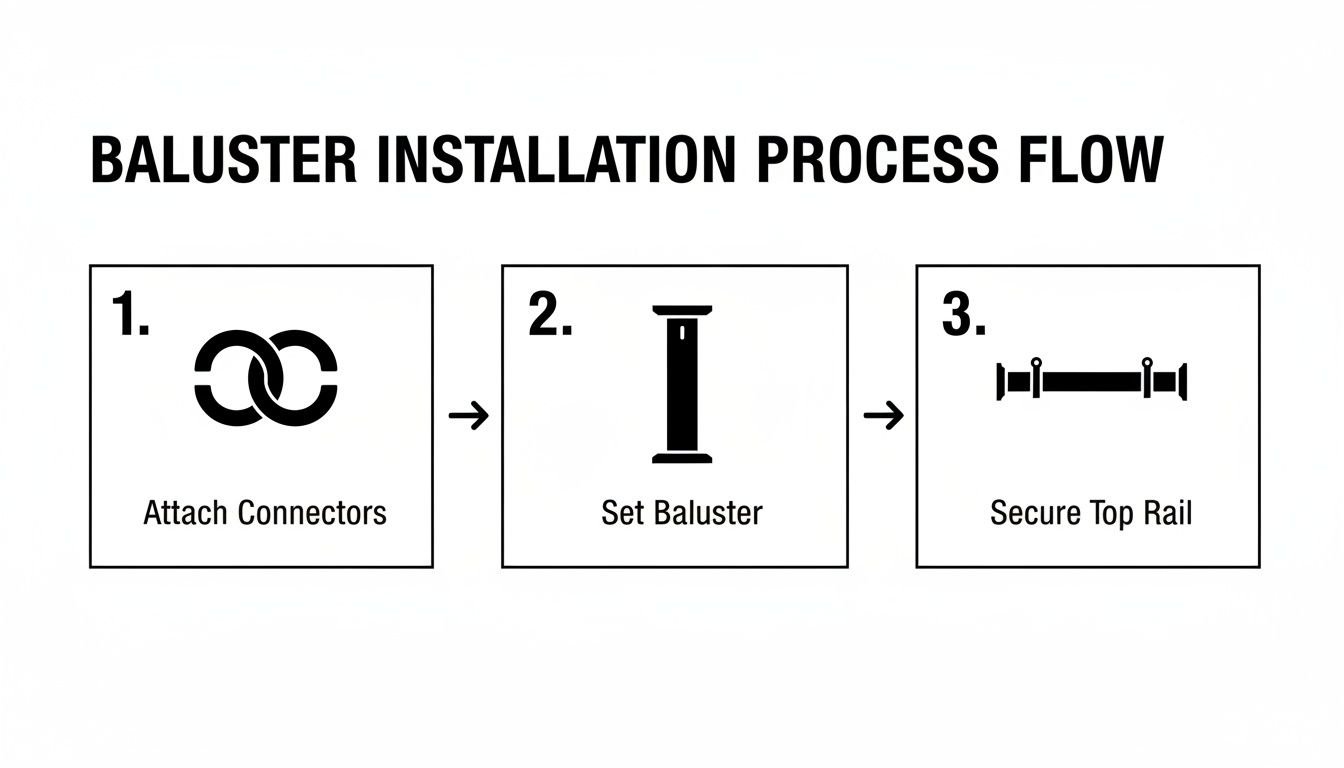 A three-step diagram illustrating the baluster installation process for a deck railing system.