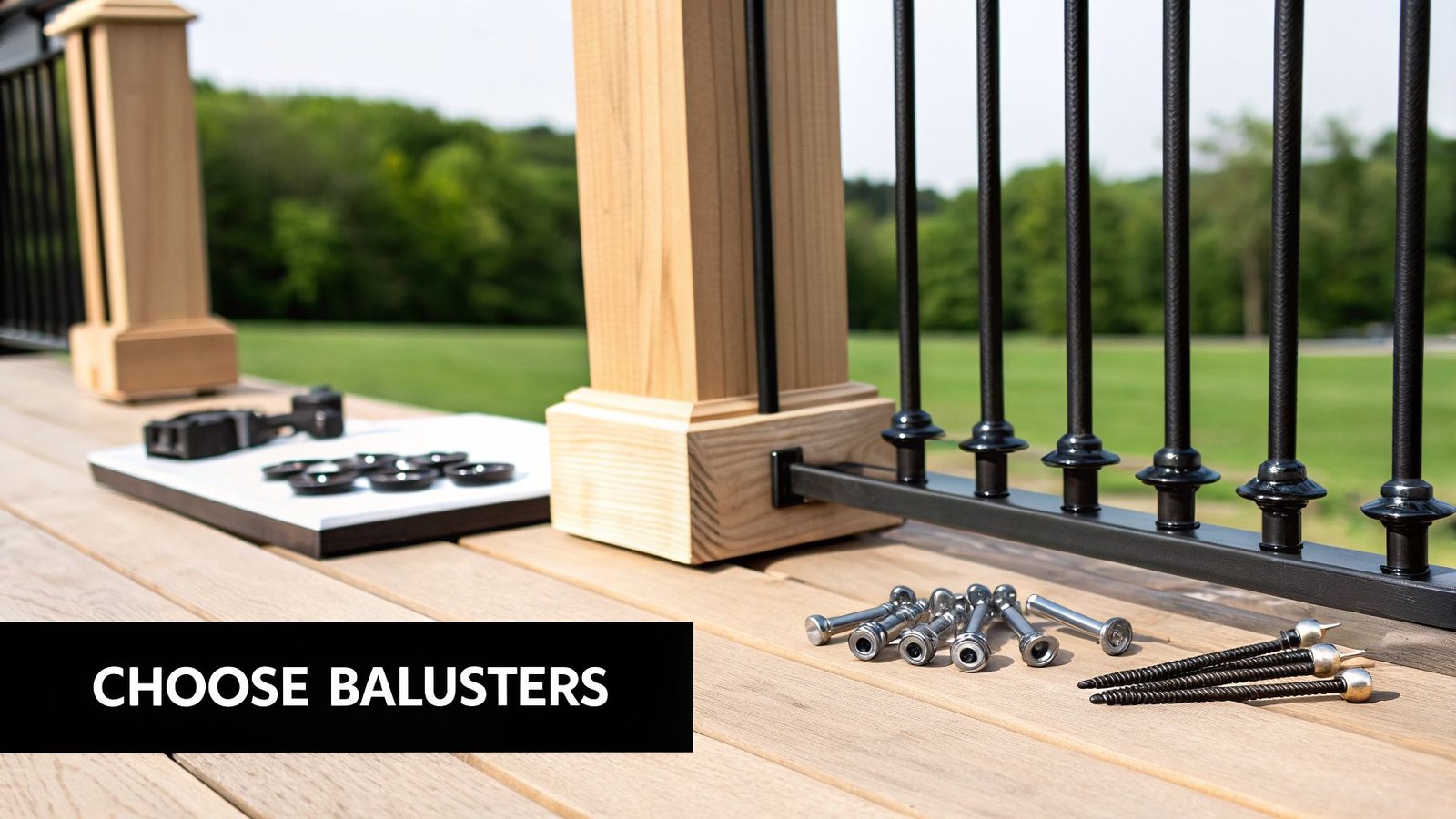Close-up of a wooden deck with various balusters and hardware laid out for a railing system.