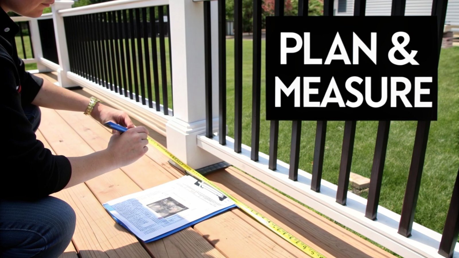 A person on a wooden deck measures with a tape measure and pen, next to a railing.