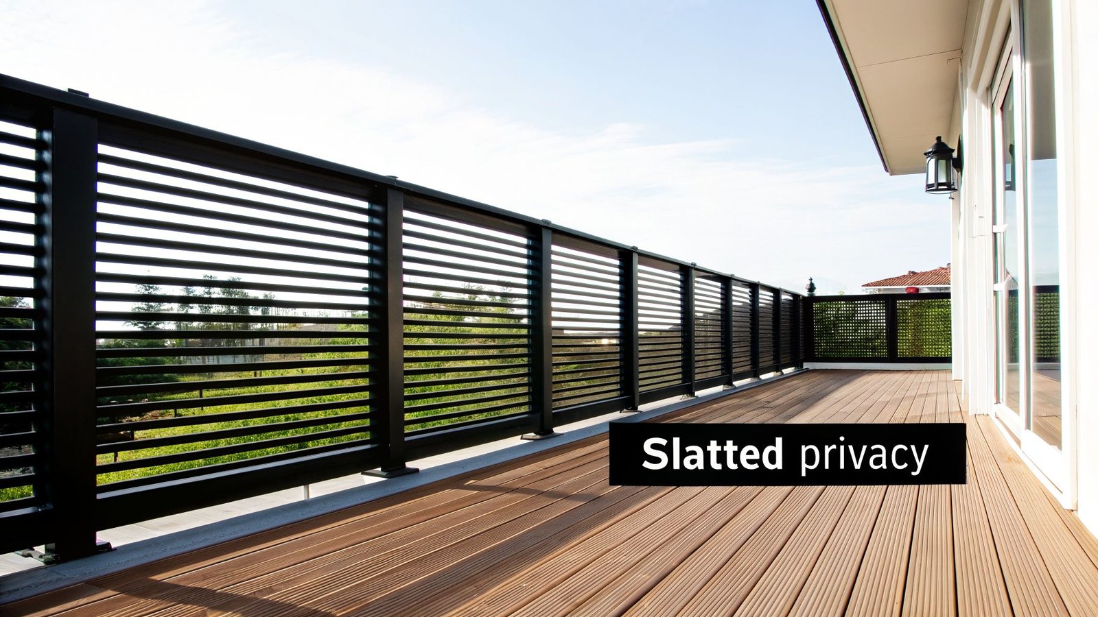 Outdoor deck featuring a black slatted privacy screen, wooden floor, and an adjacent white building.