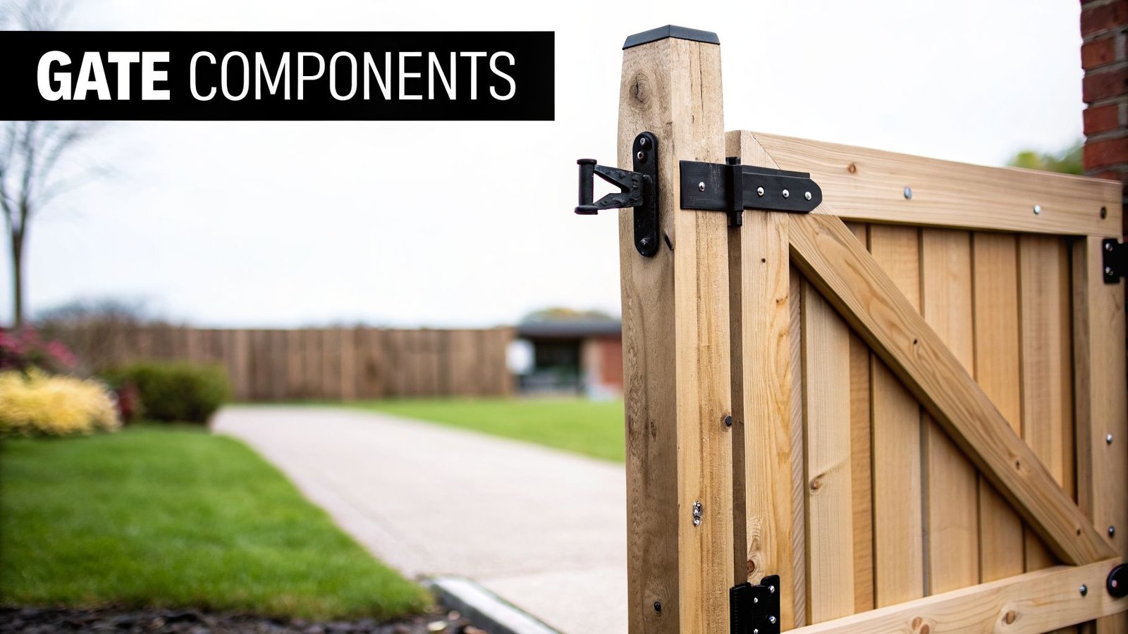 A close-up of a partially open wooden gate with black metal hinges and latch, showing its components.