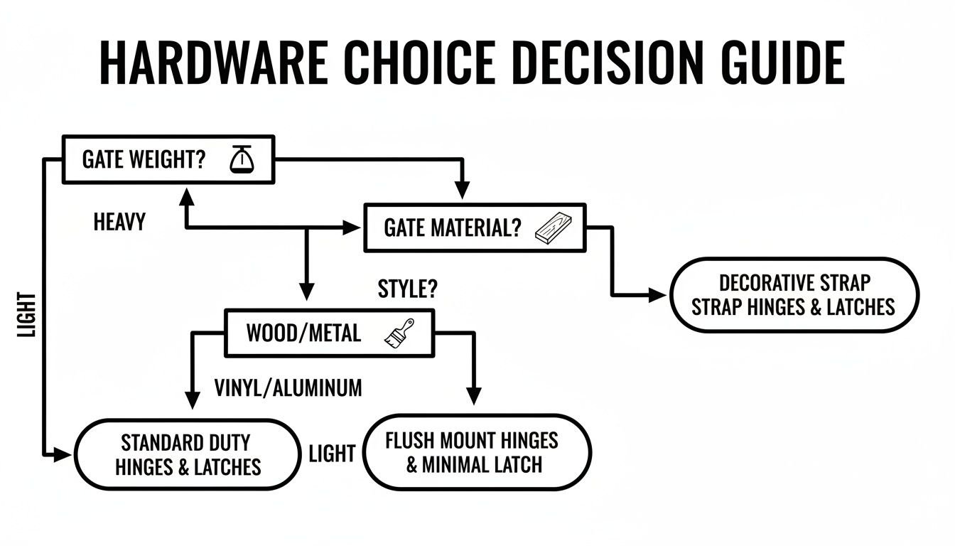 Flowchart guiding hardware choice for gates, considering weight, material, and desired style.
