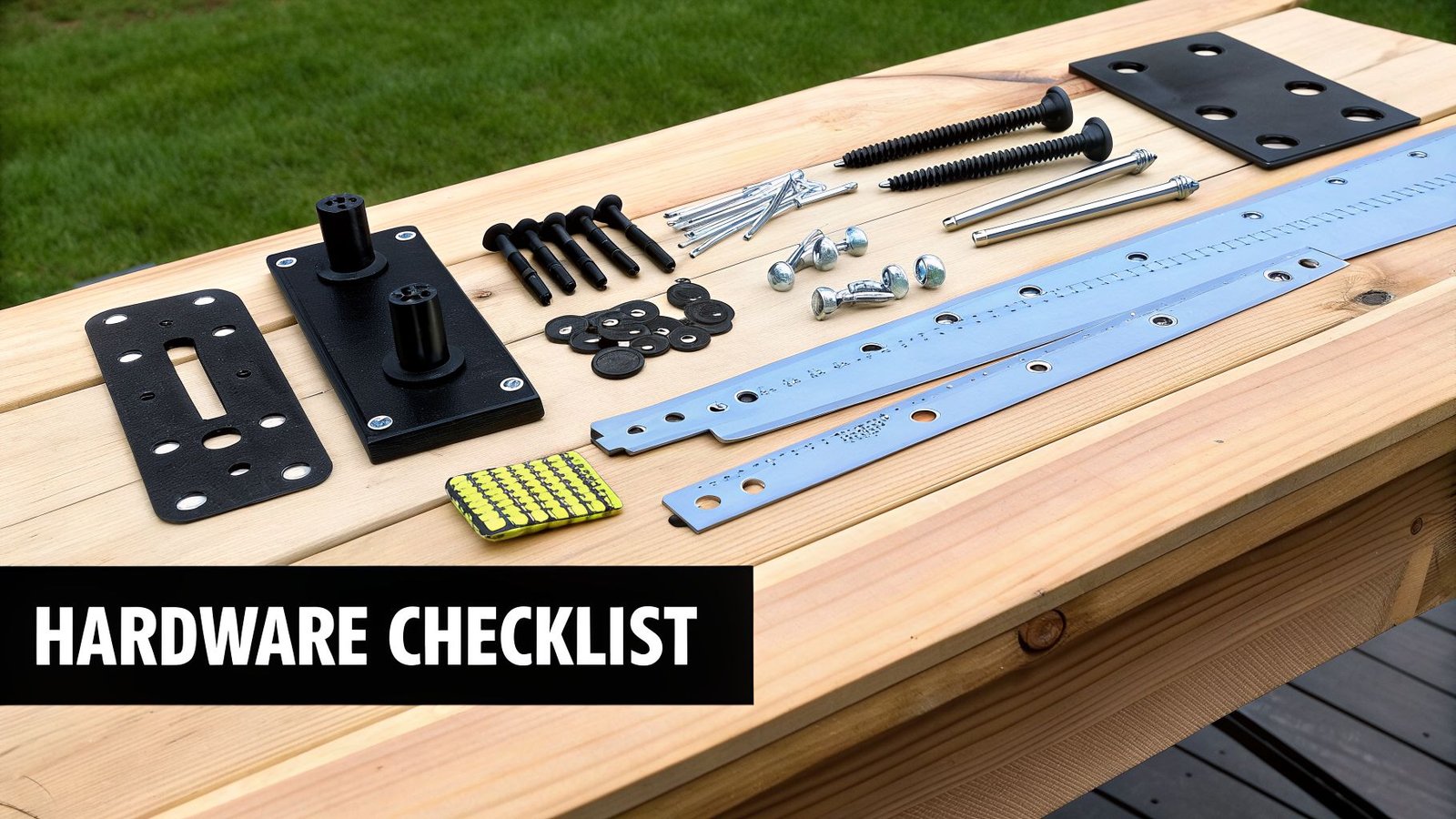 Various black and silver hardware components, including plates, screws, bolts, and long metal strips, laid on a wooden table.