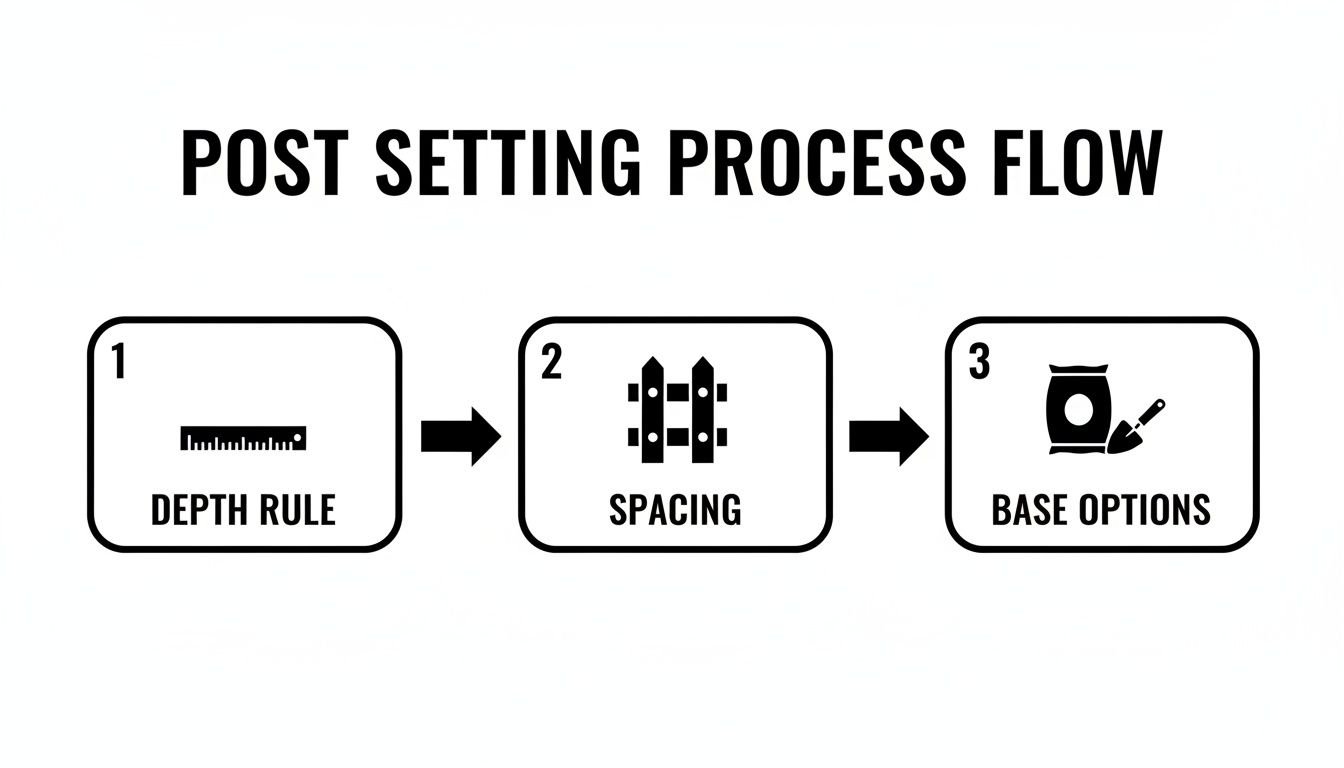 A three-step process flow for setting fence posts, showing depth, spacing, and base options.