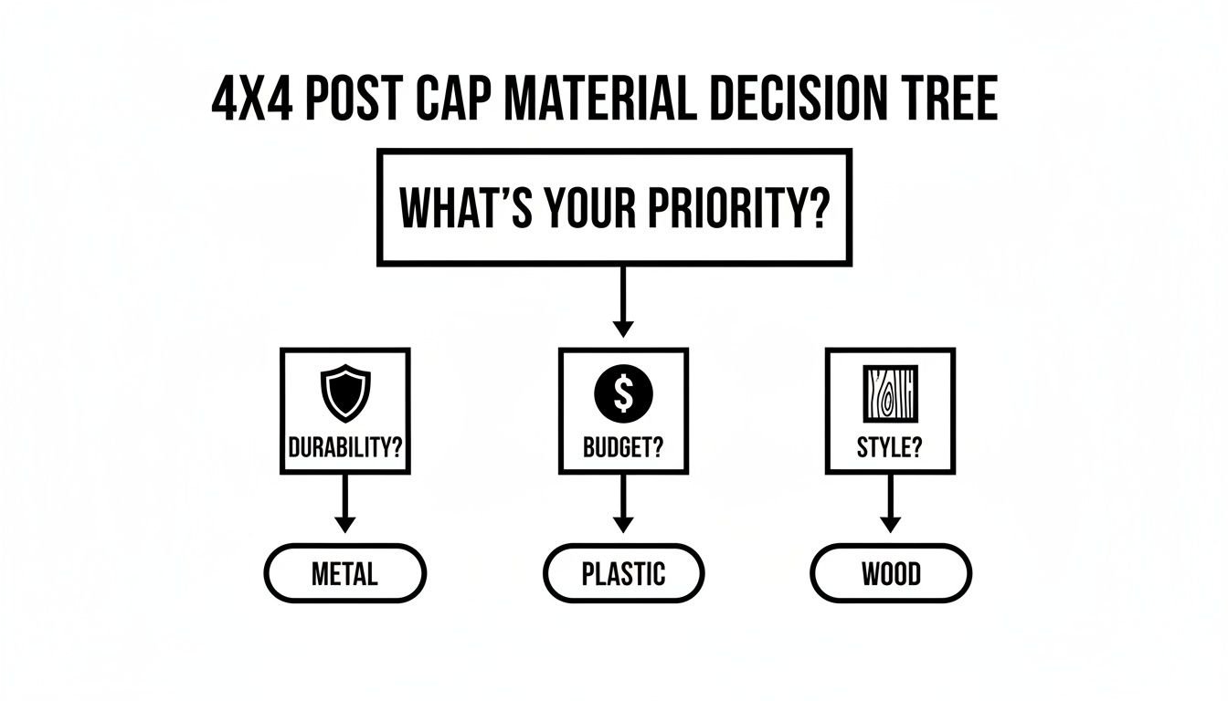 A decision tree for 4x4 post cap materials, guiding choices based on durability, budget, or style.