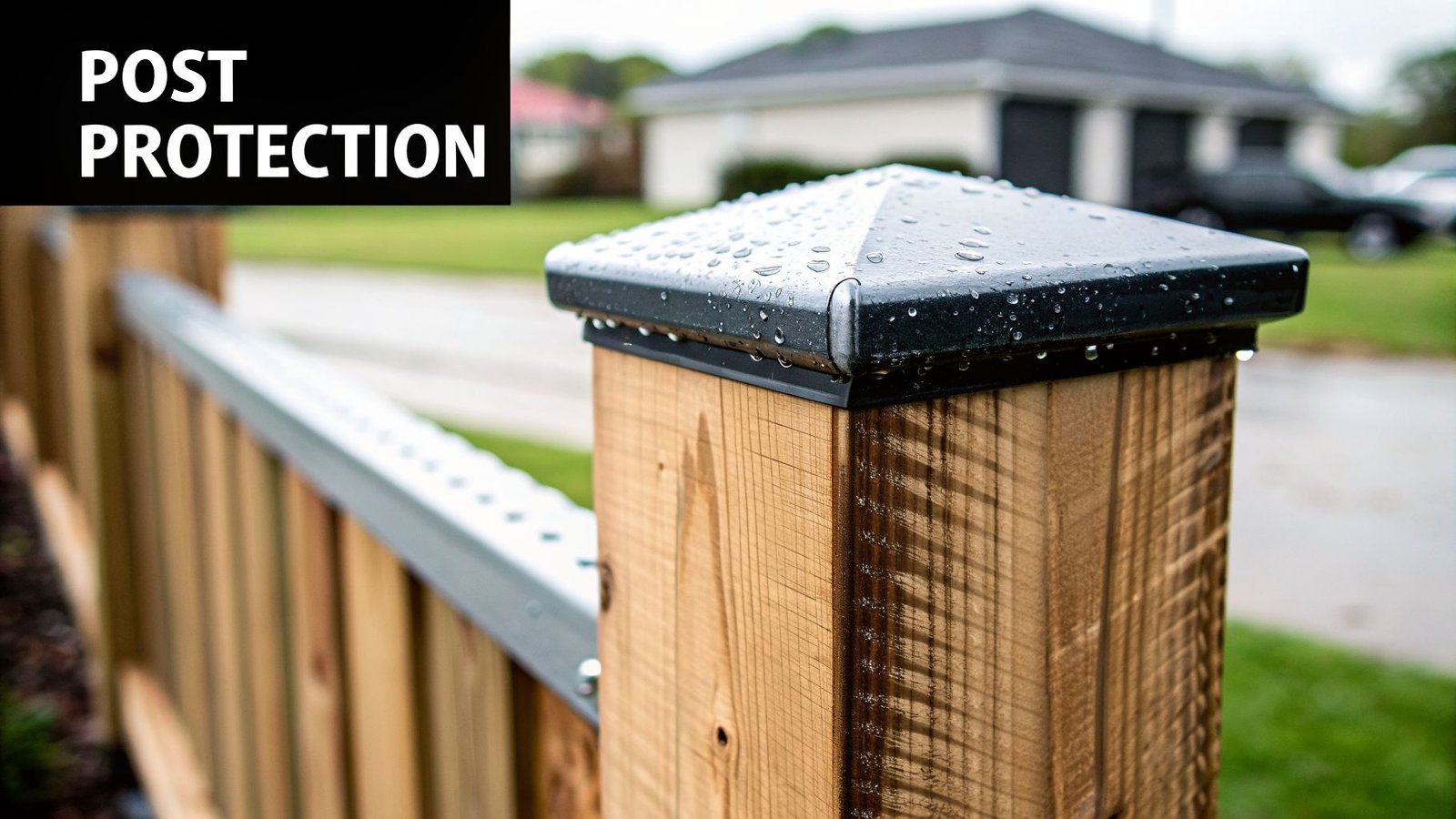 Close-up of a wooden fence post with a black post cap covered in raindrops, offering protection.
