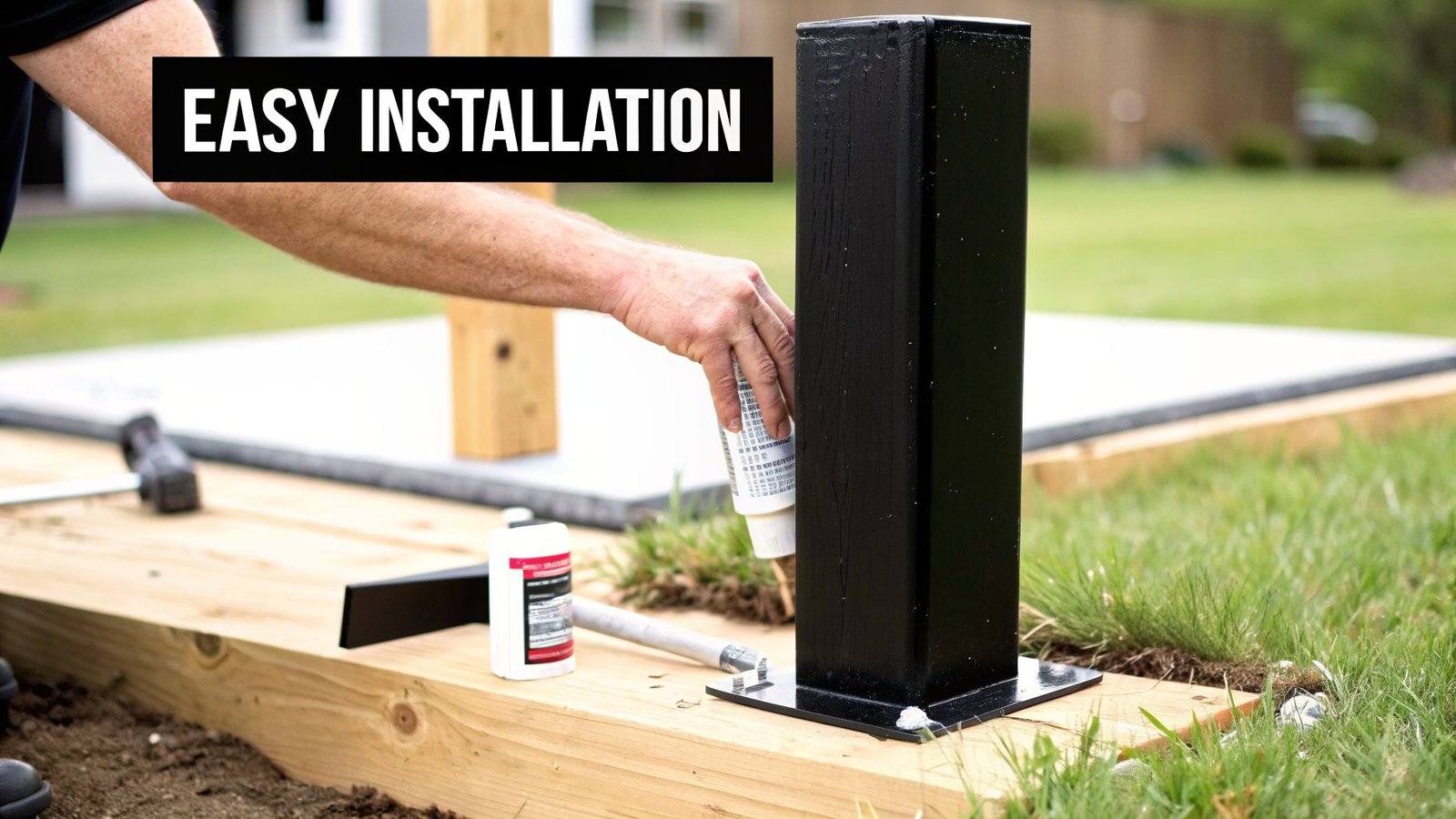 A person's hand applying sealant to a black fence post base on a wooden beam, with 'EASY INSTALLATION' text overlay.