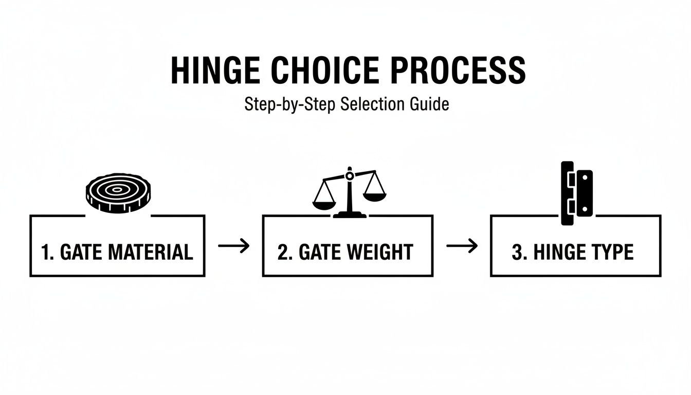 Flowchart illustrating the hinge choice process, including steps for gate material, weight, and hinge type selection.