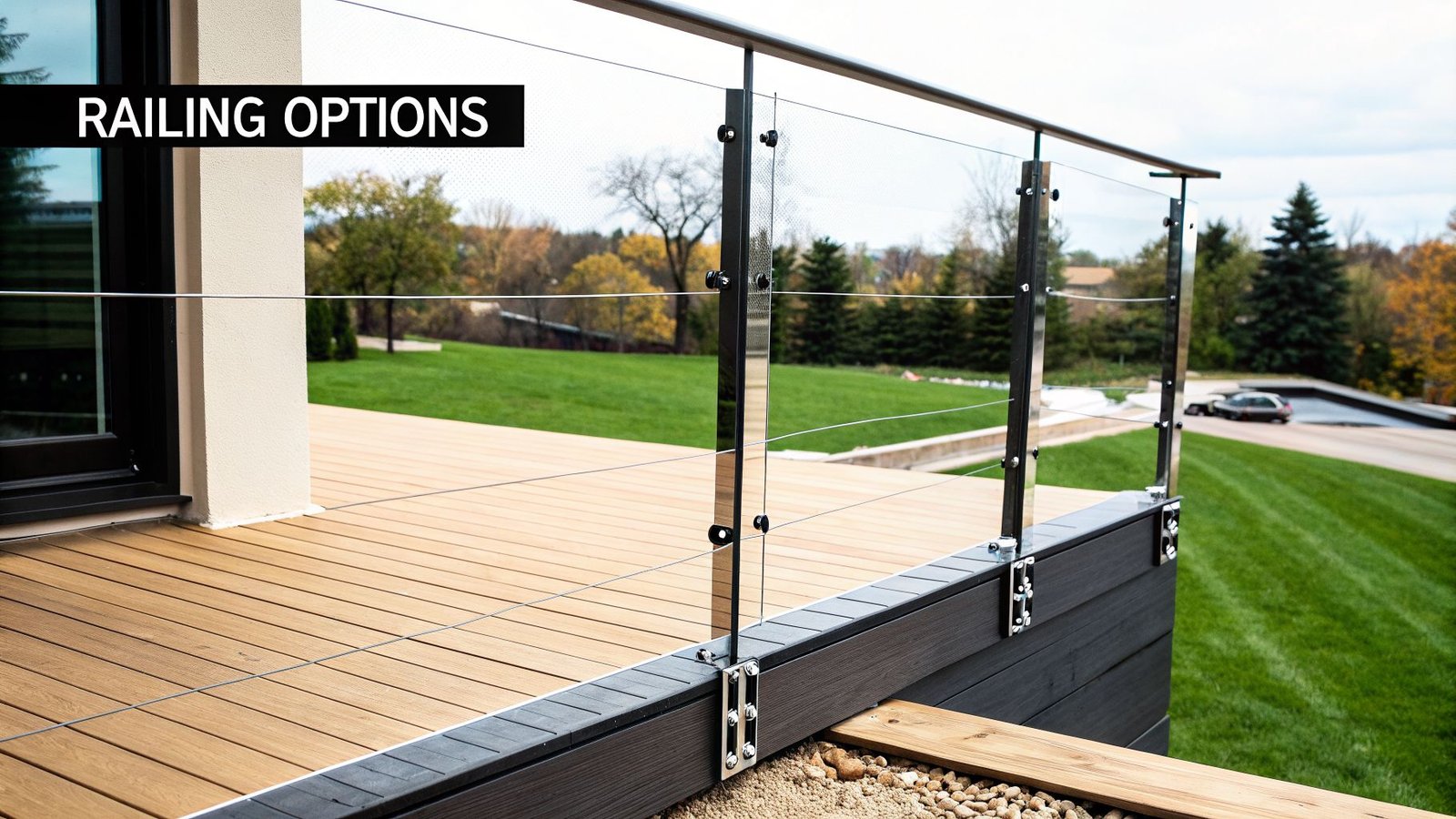 Modern deck with composite wood and a sleek glass and cable railing system, highlighting different options.
