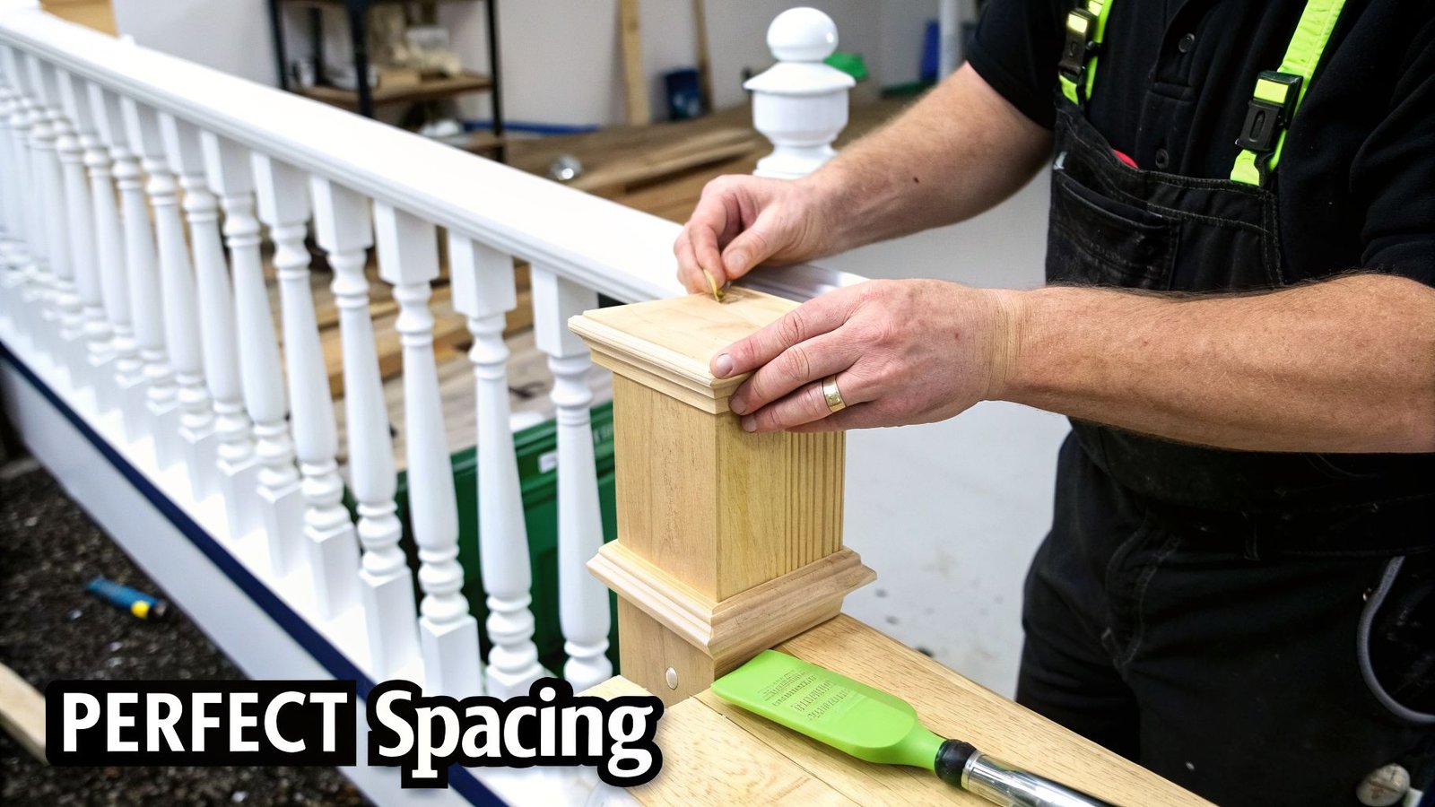 A person's hands installing a wooden newel post with a decorative cap on a white deck railing.