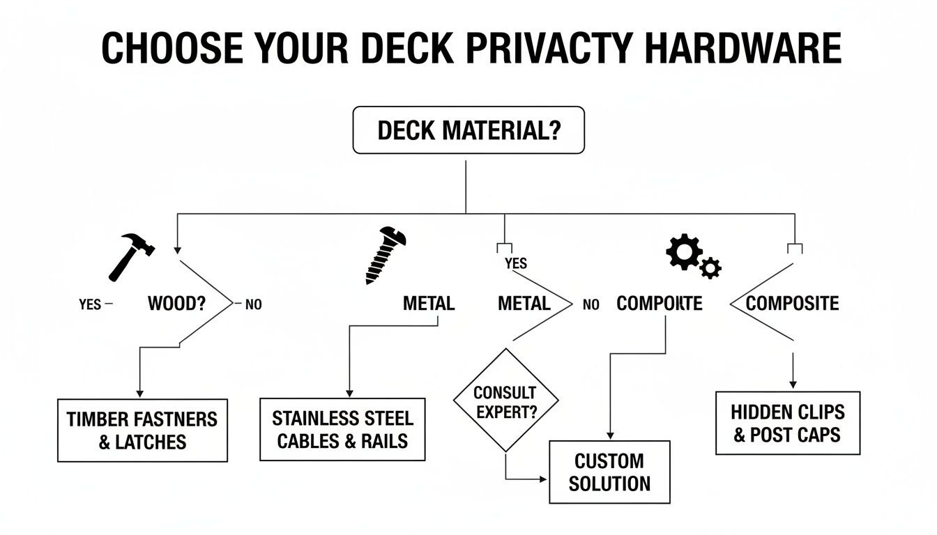 A flowchart titled 'Choose Your Deck Privacy Hardware,' guiding users based on deck material: wood, metal, or composite.