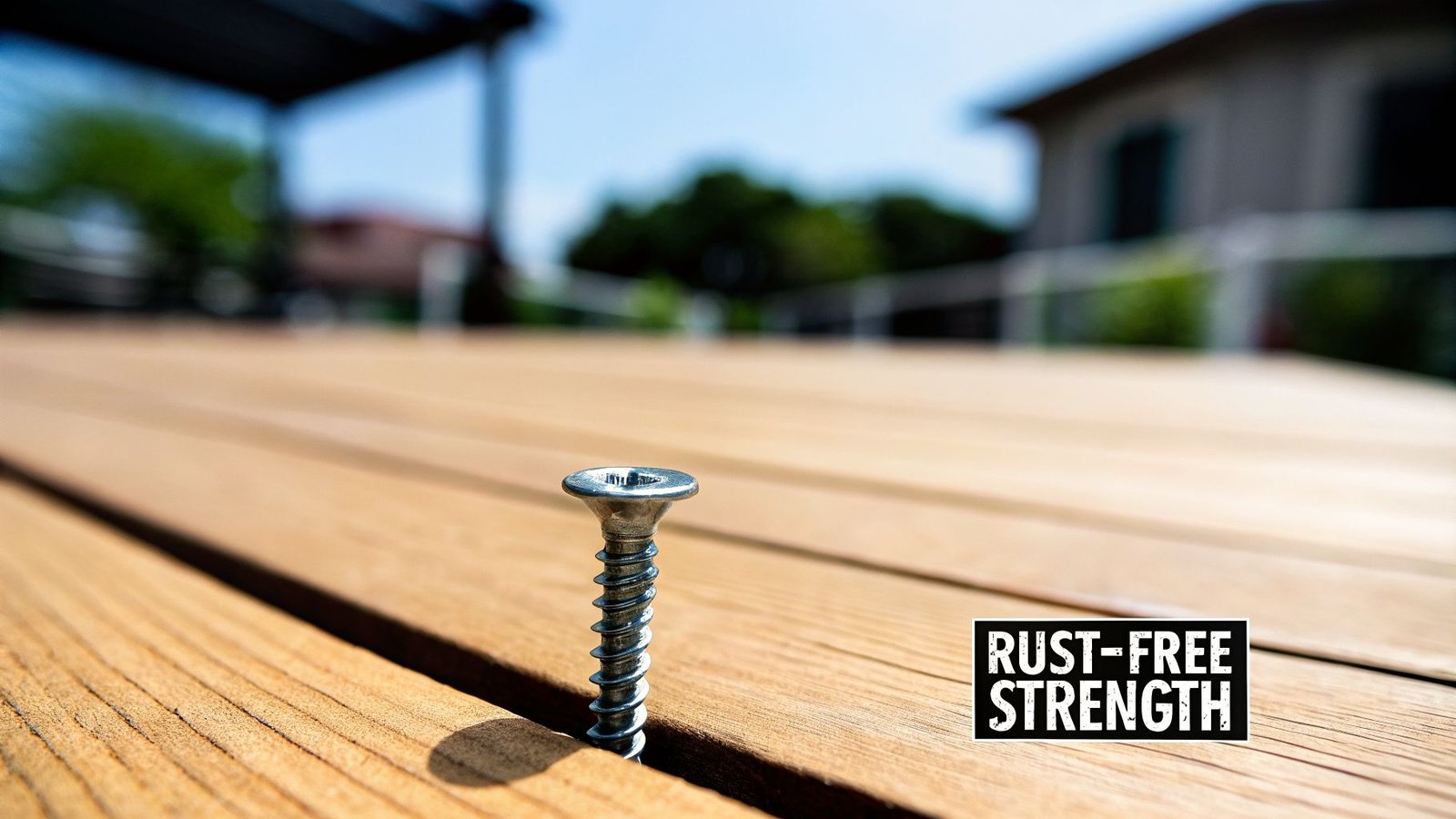 A stainless steel screw partially driven into a wooden deck, with a 'RUST-FREE STRENGTH' label.