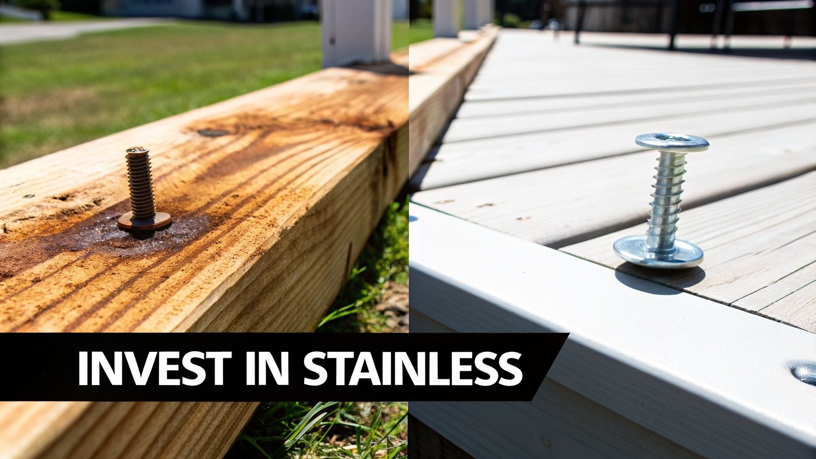 Left shows a rusty screw staining wood; right shows a clean stainless steel screw on a deck.