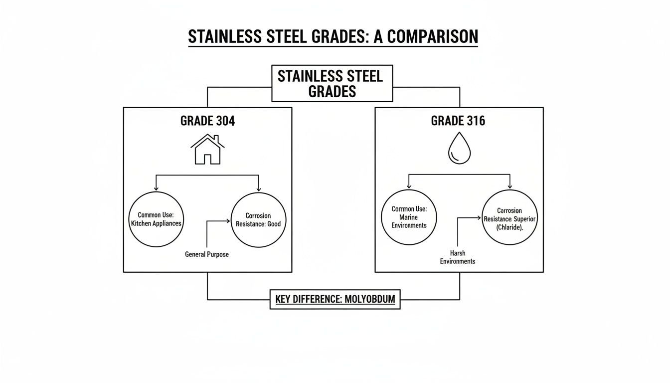 Flowchart comparing Stainless Steel Grades 304 and 316, detailing common uses, corrosion resistance, and molybdenum difference.