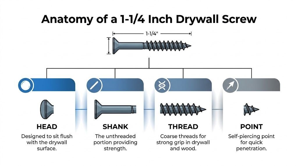 A detailed diagram illustrating the anatomy of a 1-1/4 inch drywall screw with labels for head, shank, thread, and point.