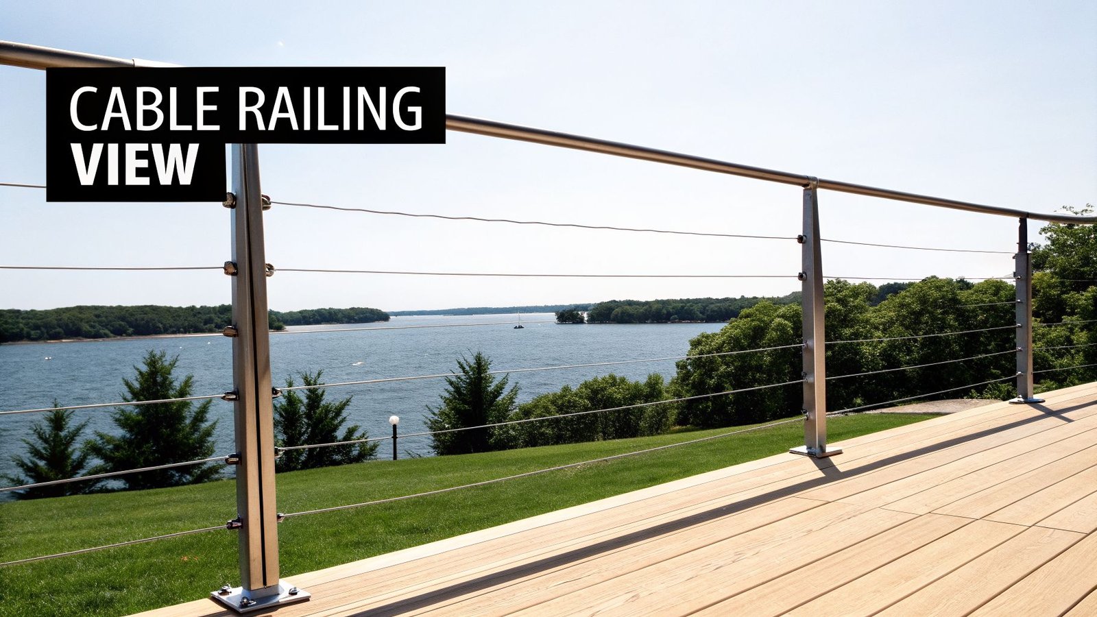Modern cable railing on a wooden deck overlooking a scenic lake with trees under a clear sky.
