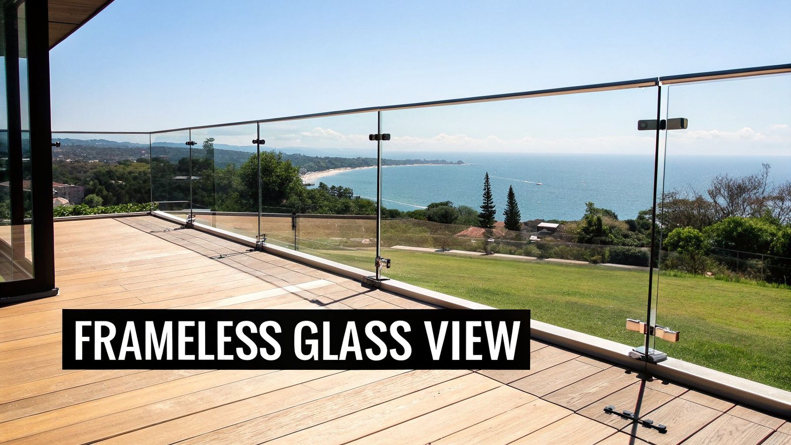 An expansive wooden deck featuring a frameless glass railing, showcasing a breathtaking sea and landscape view.