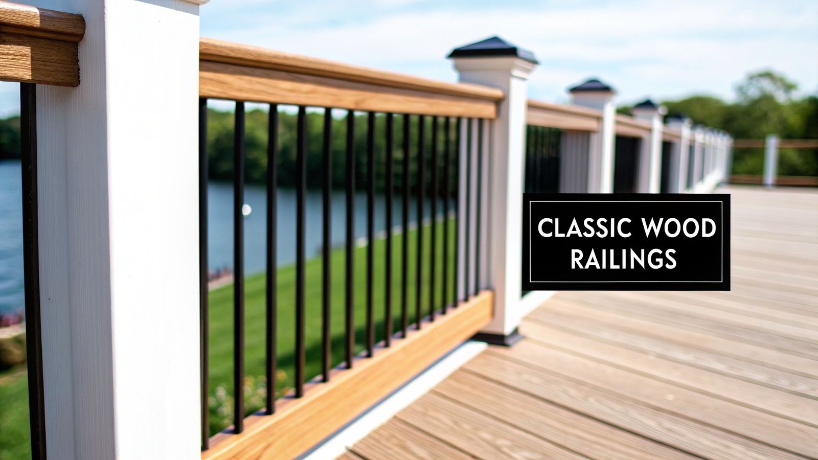A beautiful wooden deck with classic wood railings featuring white posts, brown rails, and black balusters, overlooking a scenic lake.