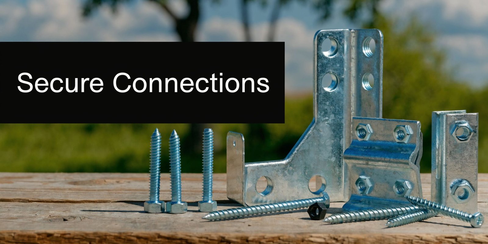 A collection of heavy-duty galvanized metal brackets and screws for fence and deck construction projects.