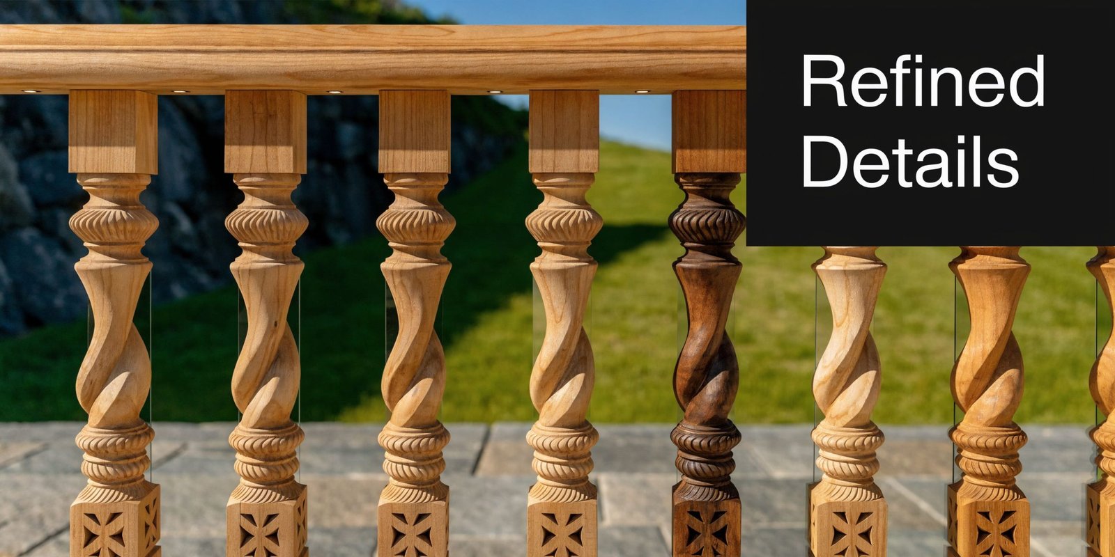 A close-up of decorative wooden balusters with twisted designs on a deck, featuring one dark wood piece.
