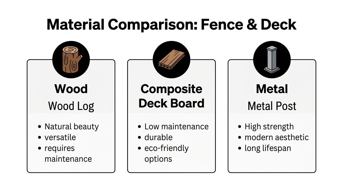 A comparison chart showing features of wood, composite deck boards, and metal for fence and deck construction.