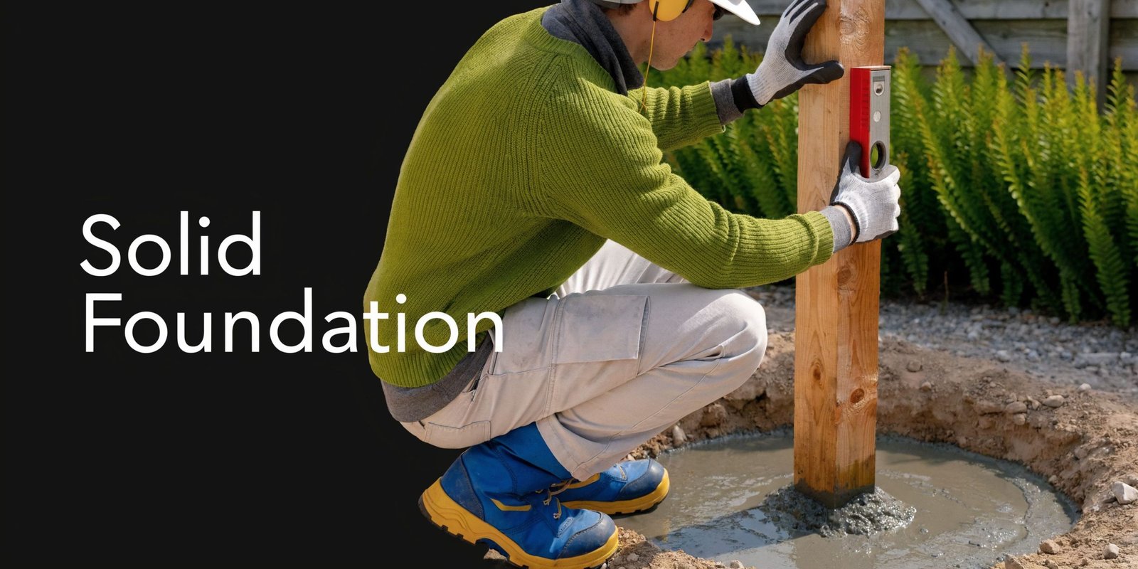 A construction worker in a green sweater uses a level to secure a wooden fence post in concrete.