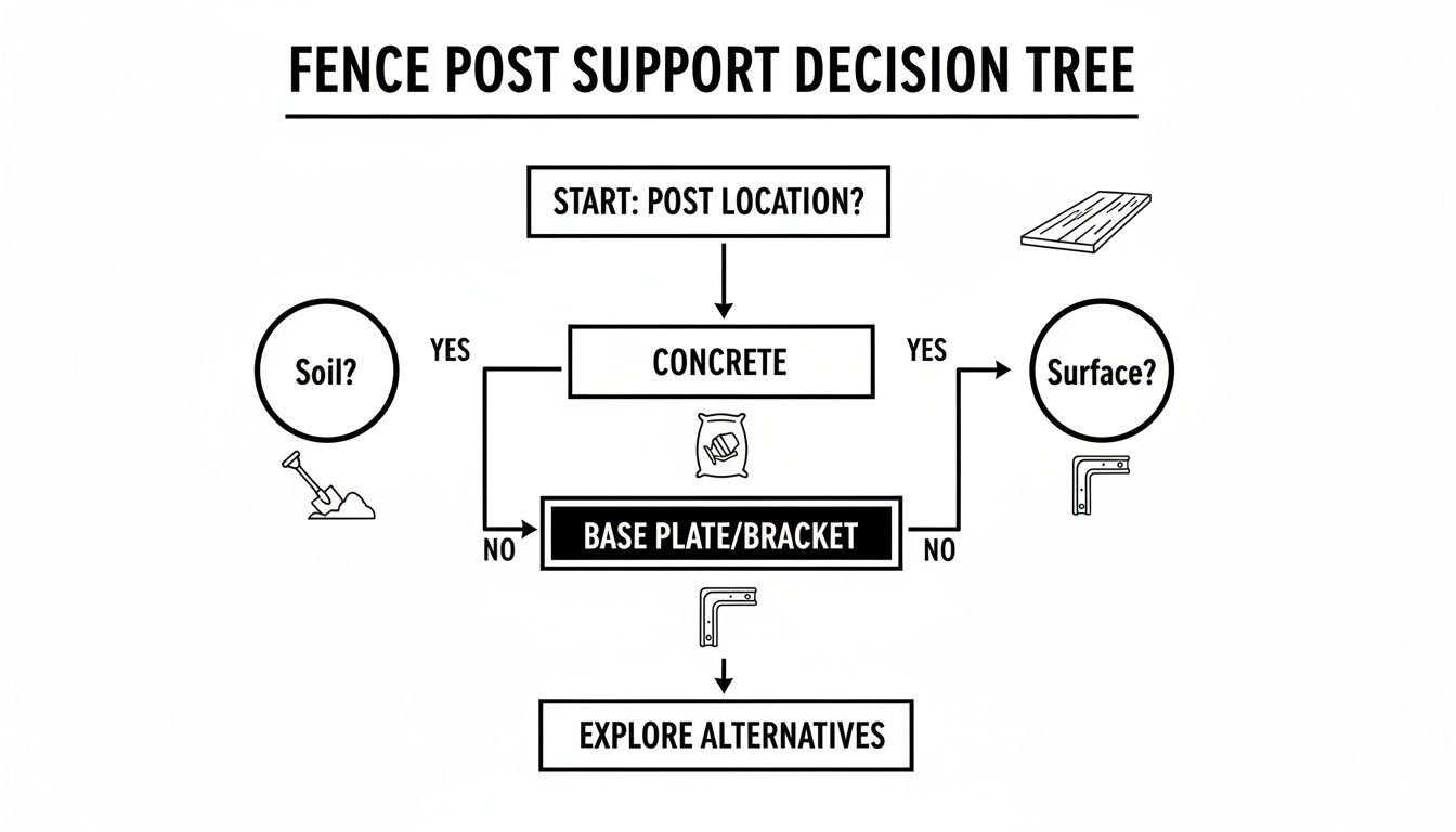 A flowchart decision tree illustrating how to choose the right fence post support method based on location.