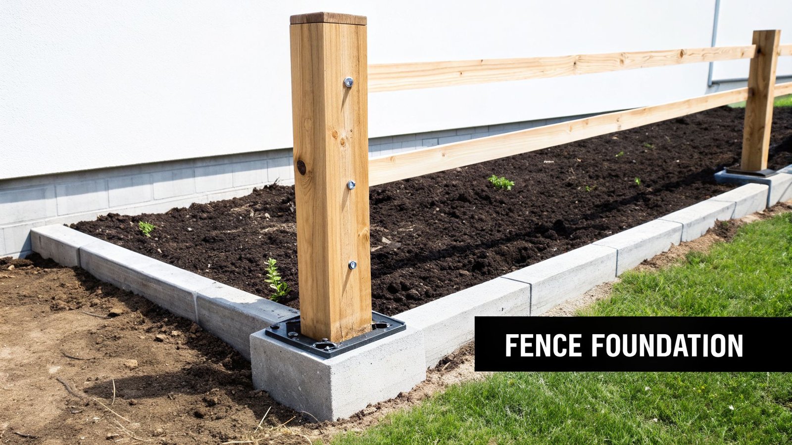 A wooden fence post is anchored to a concrete foundation next to a garden bed with soil.