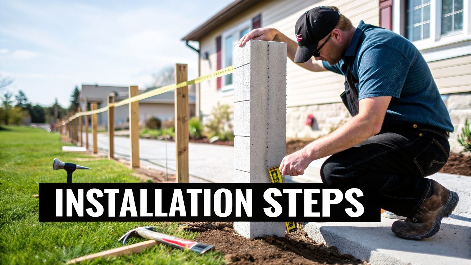 Man installing concrete block fence post, using a level for alignment, with other posts in background.