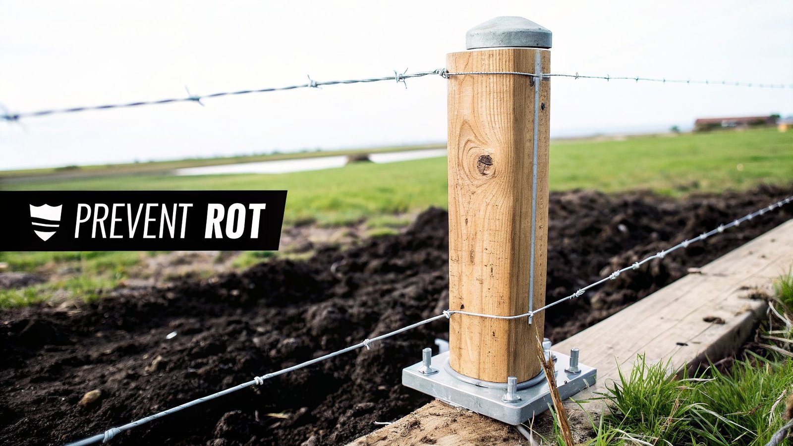 A sturdy wooden fence post with a metal base prevents rot, holding barbed wire in a field.
