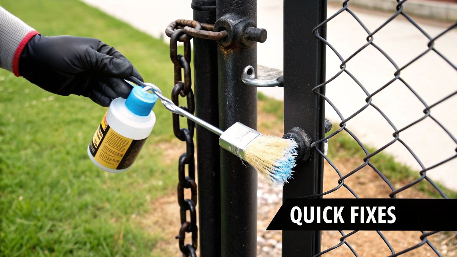 A gloved hand applies a liquid with a brush to a rusty metal gate hinge and chain.