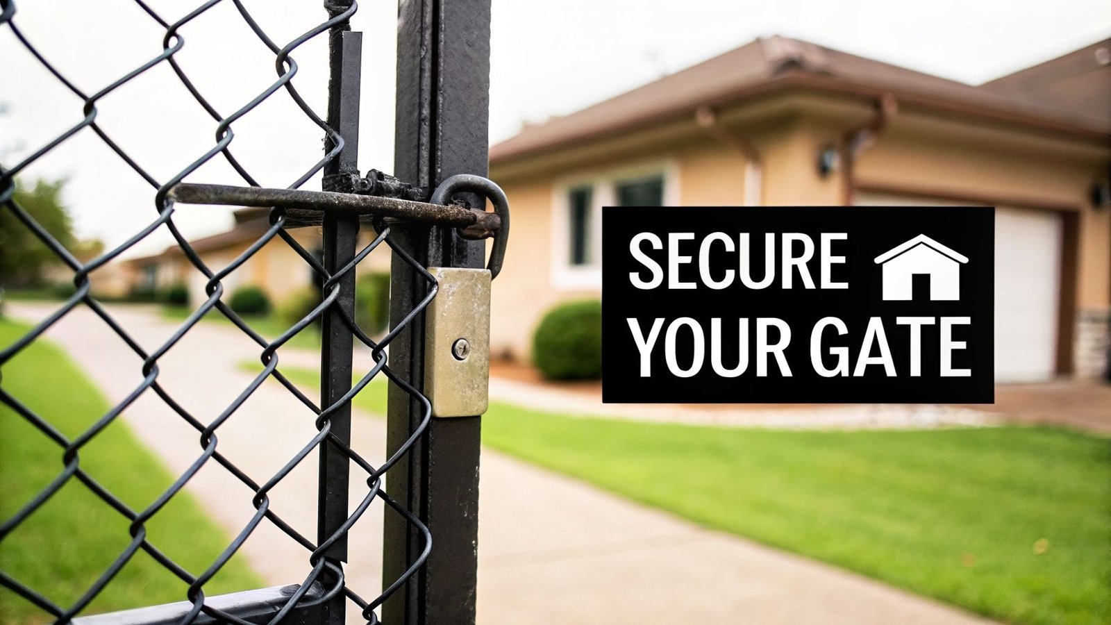 A secure chain link gate with a padlock, open to reveal a residential house, emphasizing home security.