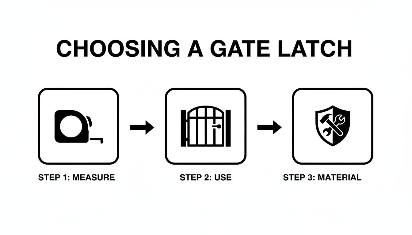 A three-step guide flowchart for choosing a gate latch, showing icons for measure, use, and material.