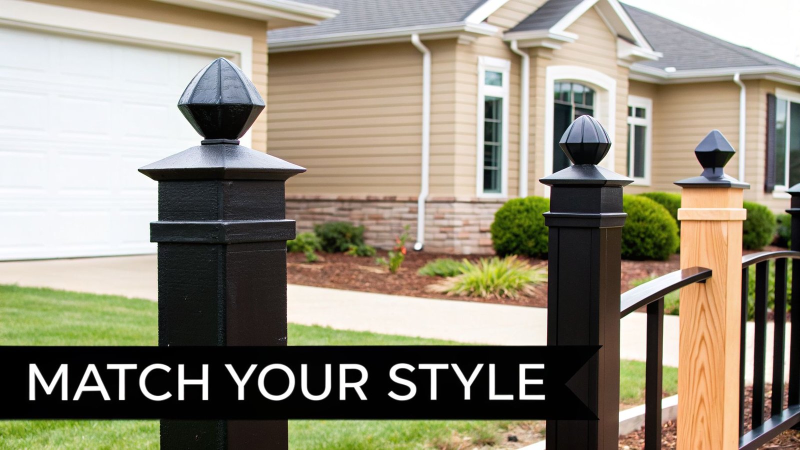 Various styles of fence posts with decorative caps, including black metal and natural wood, showcasing design options for homes.