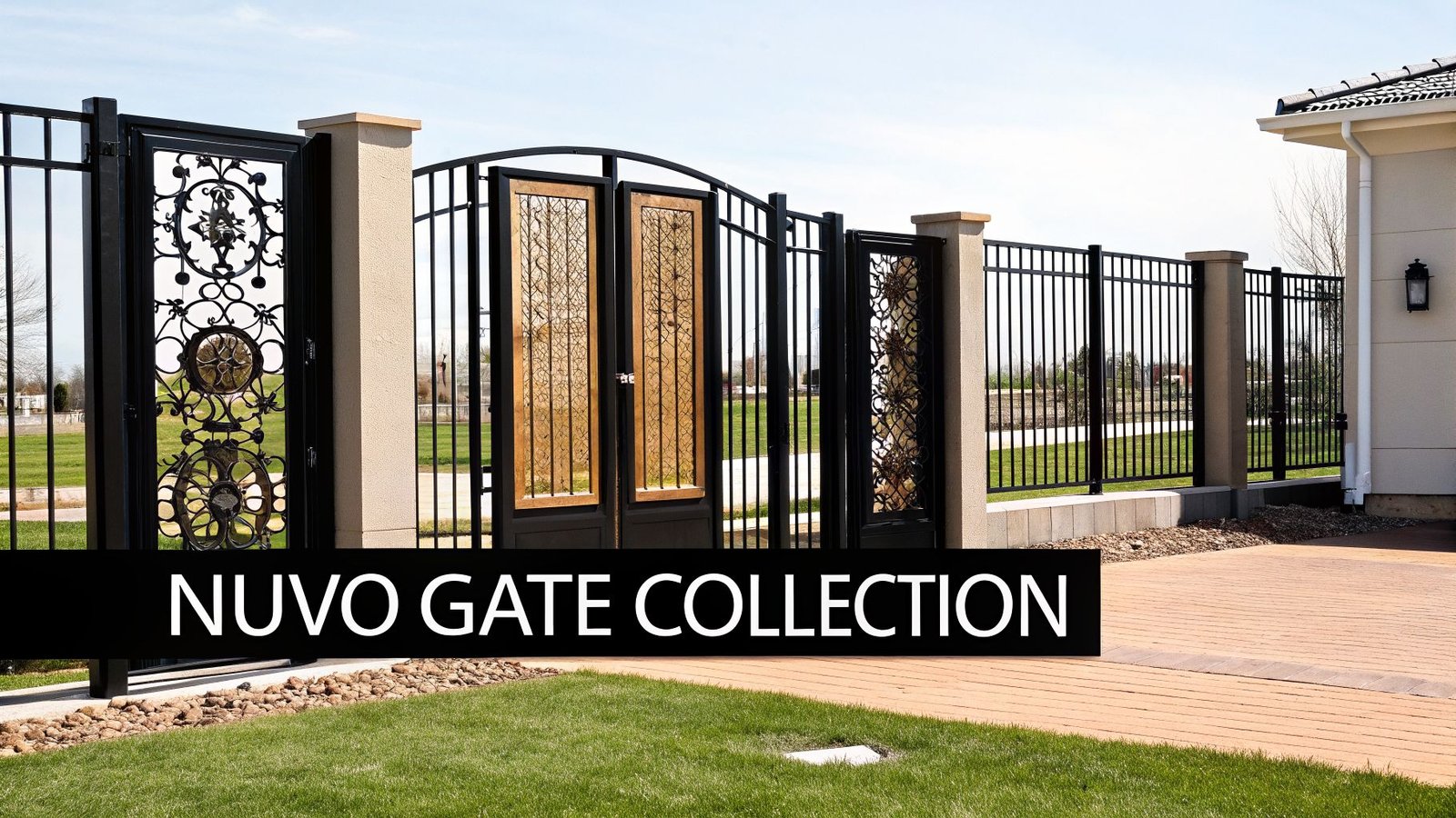 A grand black metal gate featuring decorative panels and a matching fence, next to a house.