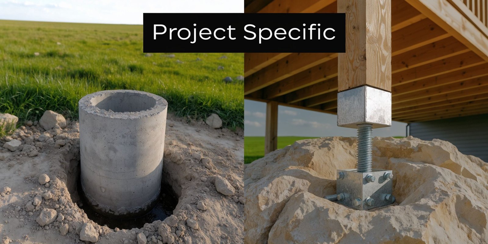 A split image showing a concrete pillar in a field and a deck post secured with metal brackets.
