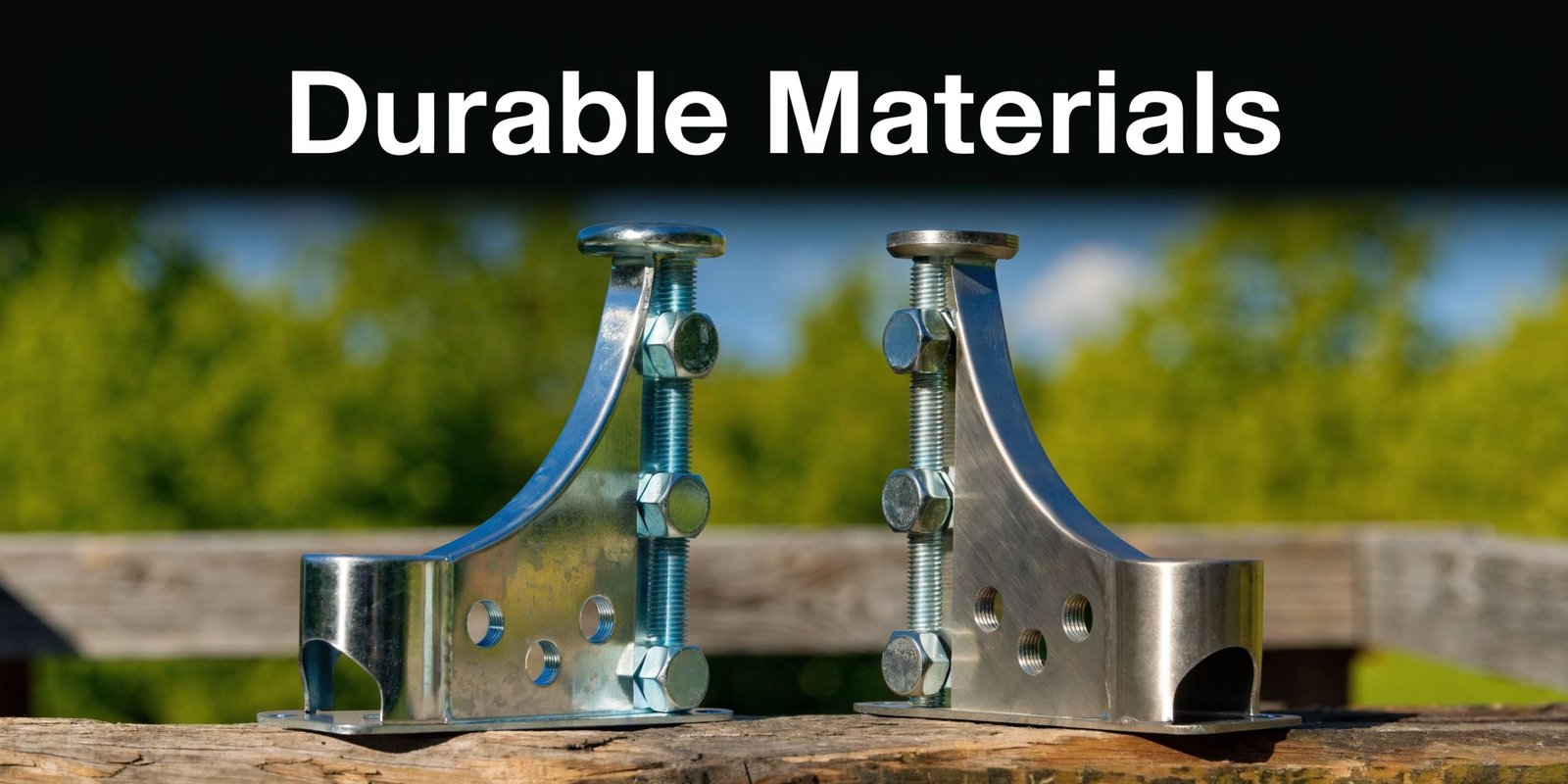 Two metal deck post brackets of different finishes sitting on a weathered wooden surface outdoors.