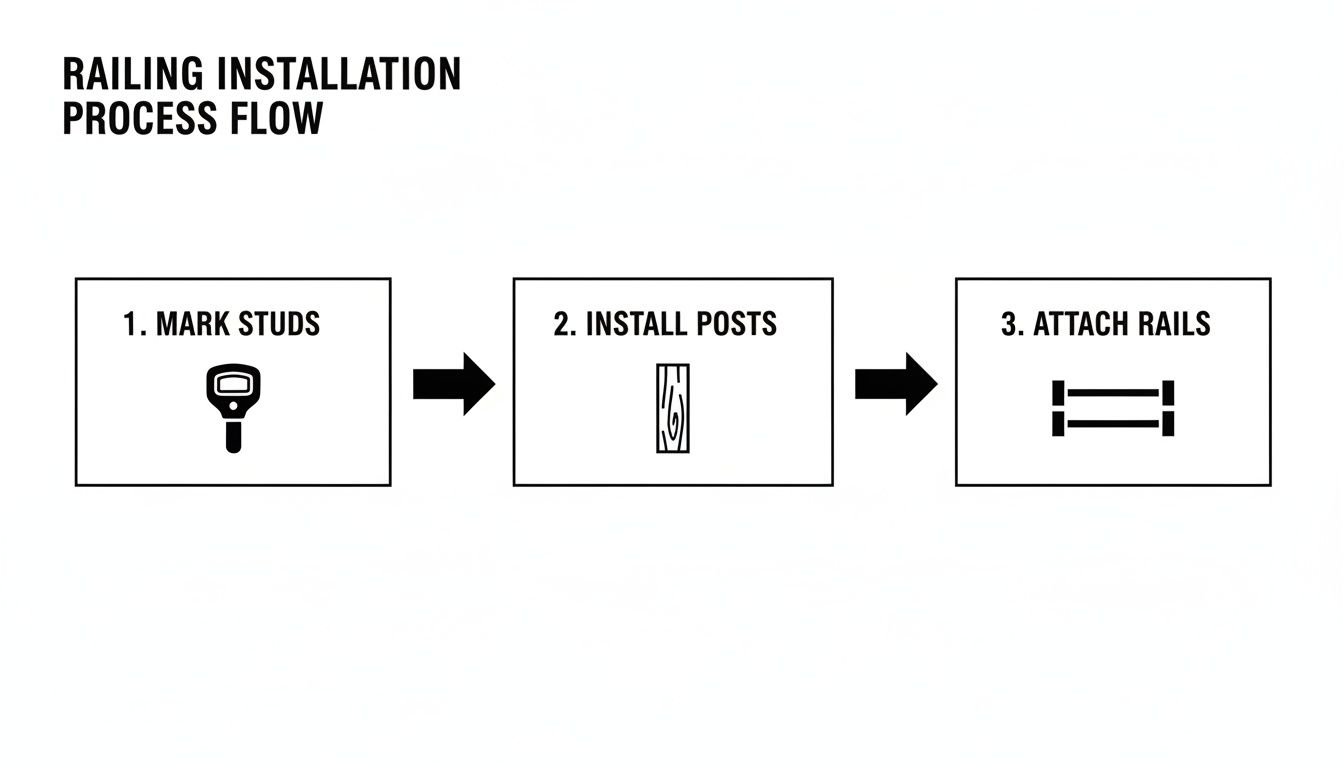 A three-step flowchart outlining the railing installation process: mark studs, install posts, and attach rails.