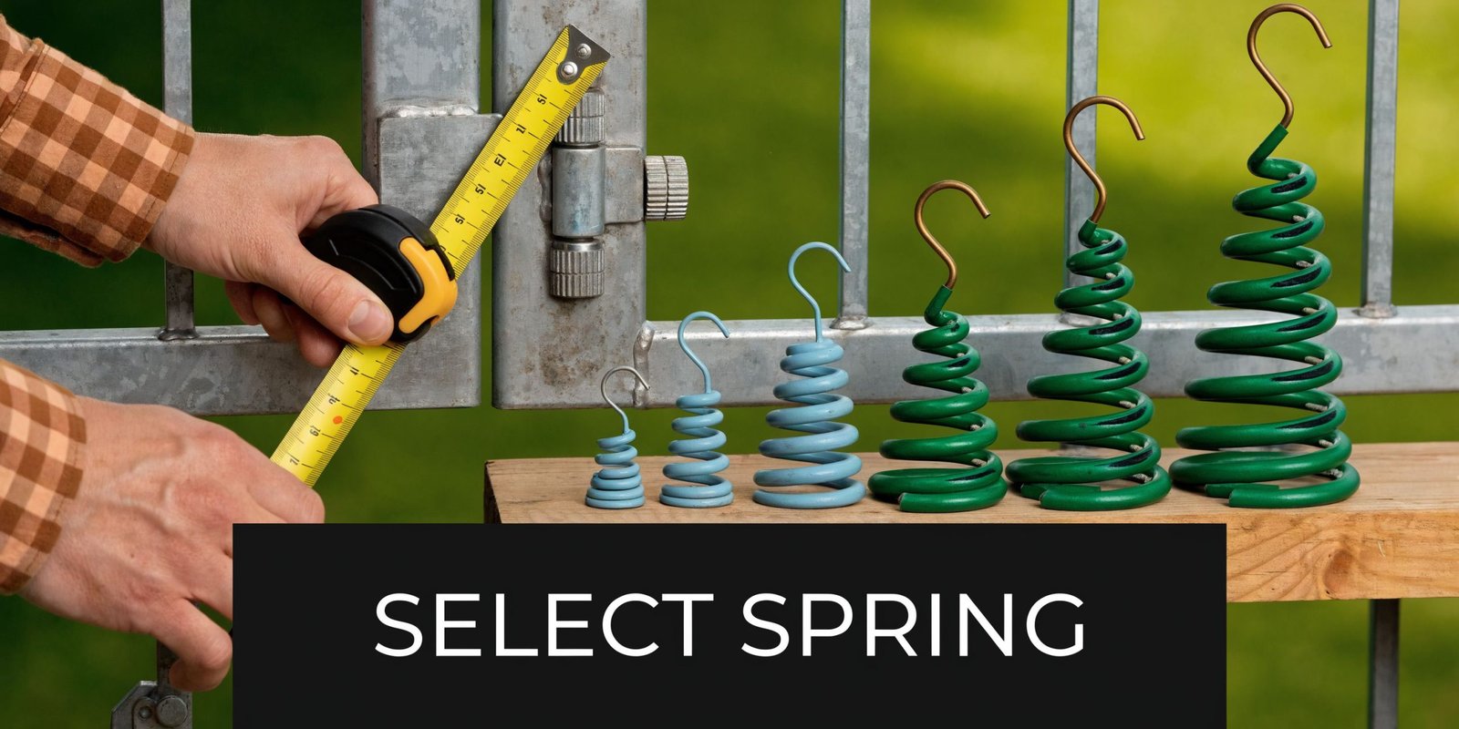 A person using a measuring tape to choose the right size self closing gate spring for a gate.