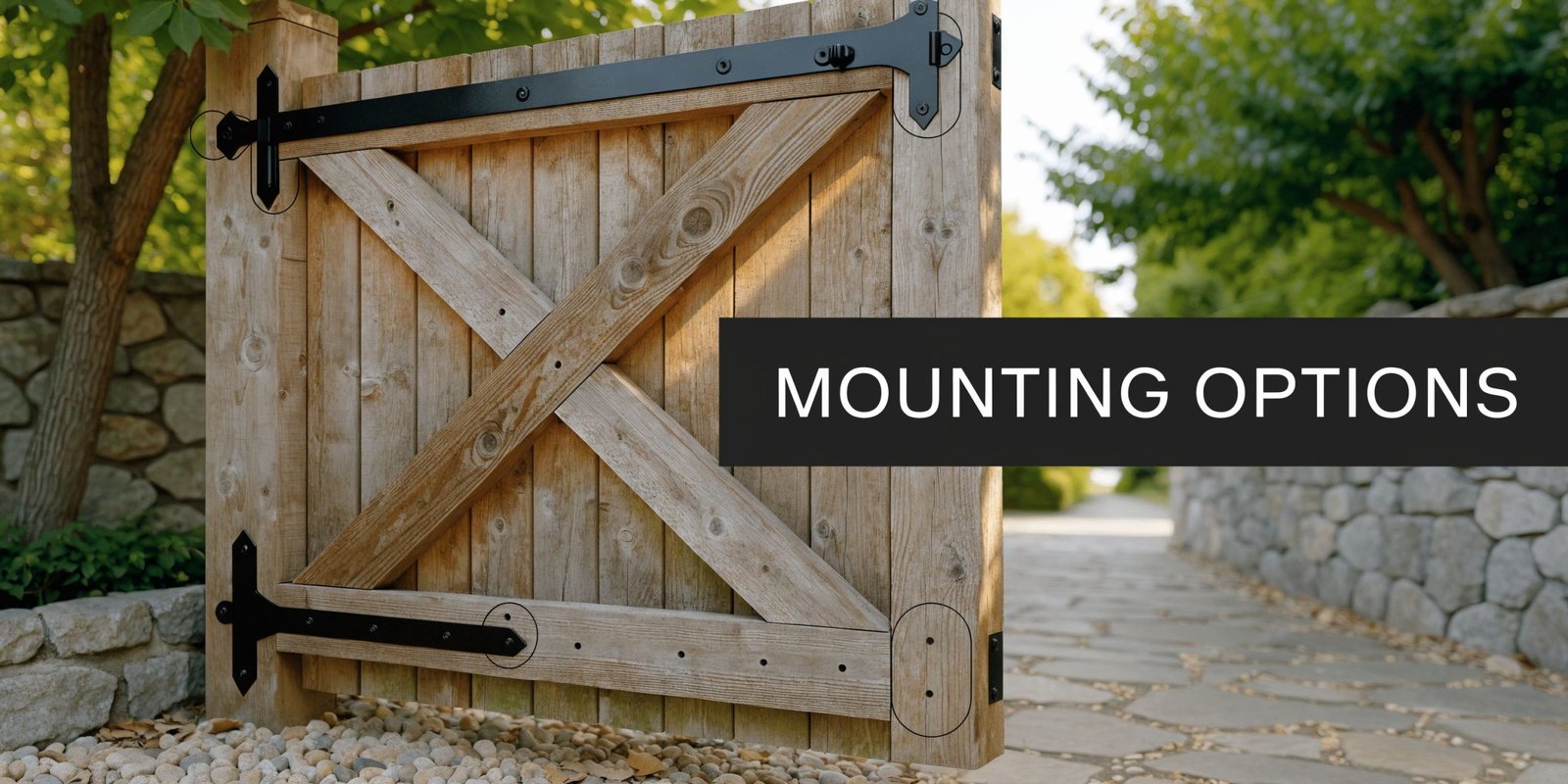 A rustic wooden garden gate featuring sturdy black iron strap hinges for secure outdoor mounting.